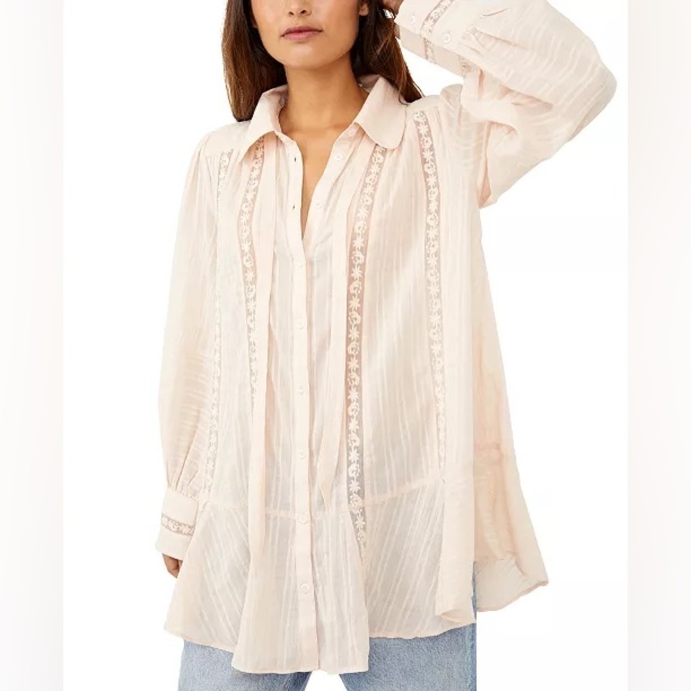 FREE PEOPLE Mikaela Pink Long Sleeve Button-Down Embroidered Tunic Blouse Top